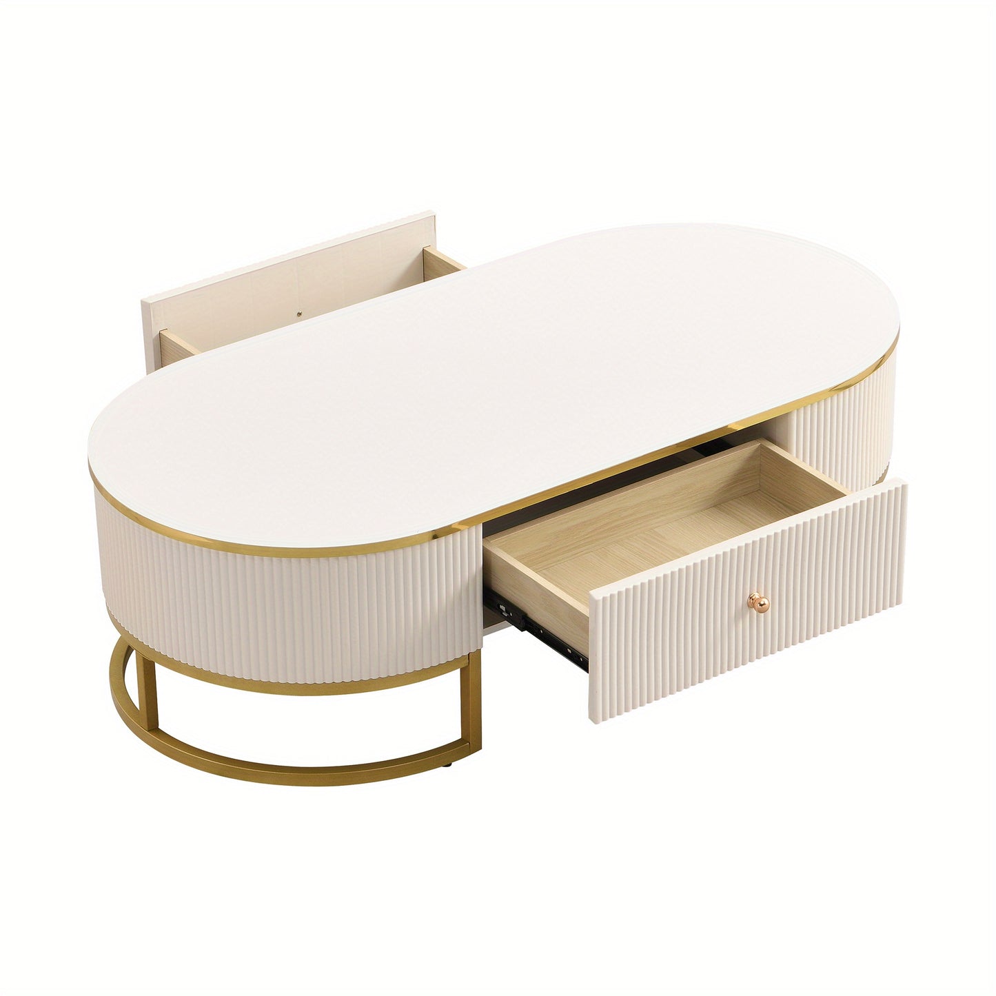 [1 Modern Oval Coffee Table] Thcbme Modern Oval Coffee Table, Wood Frame & Top, Space-Saving Curved Profile Design, with 2 Large Drawers, Golden Metal Accents, for Living Room, Office, Bedroom - White & Golden