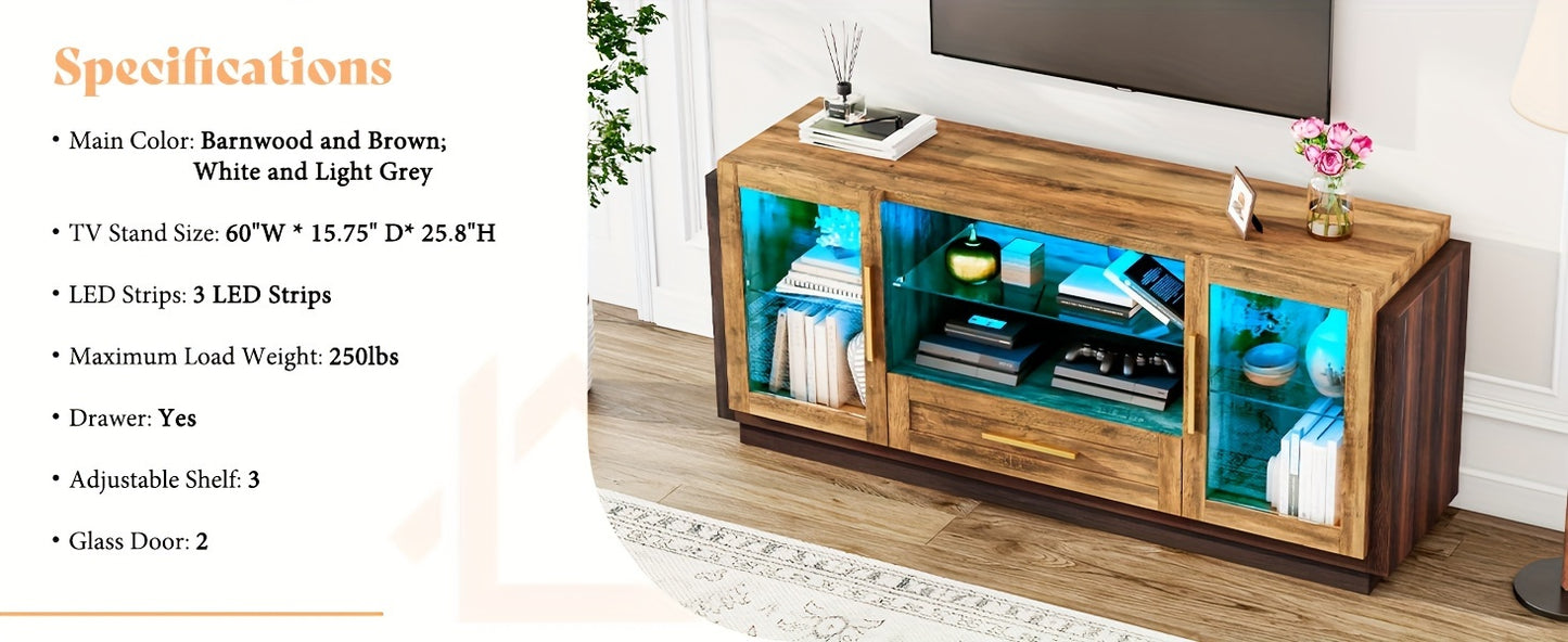 "60"" Thickened TV Stand with LED Lights, Media Entertainment Center with Glass Doors & Adjustable Shelves, Modern Storage Cabinet, TV Console for Living Room for TVs up to 65"", Barnwood&Brown -  Modern & Stylish Design -  D