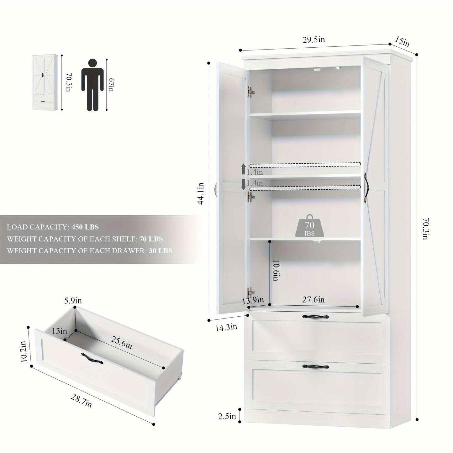 FULTRU Farmhouse Kitchen Pantry Storage Cabinet, 70" Tall Storage Cabinet With Drawers And Adjustable Shelf