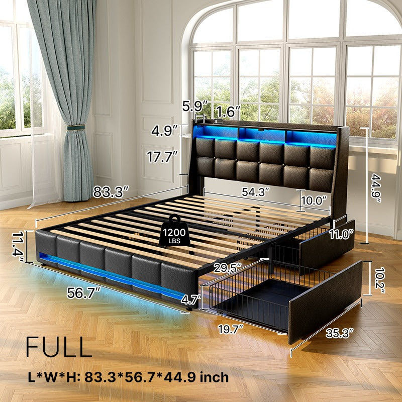 Bed Frame, Storage Headboard with Charging Station & LED Lights Bed Storage Headboard & Drawers, Heavy Duty Wood Slats, Easy Assembly