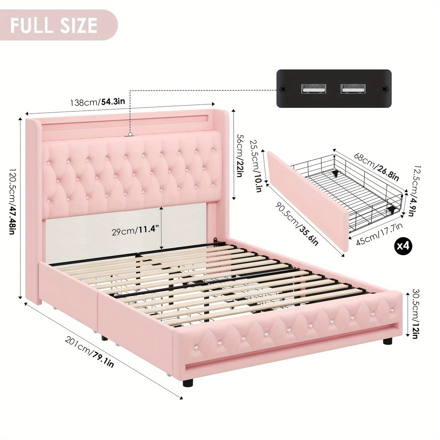 FULTRU Bed Frame with Outlets and USB Ports, Headboard & Footboard with LED, 4 Storage Drawers Modern Wingback Crystal Button Tufted Velvet Upholstered Platform Bed Frame