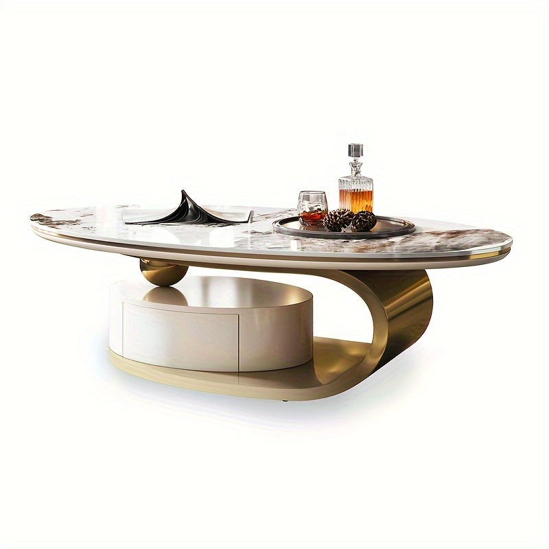 Luxury Modern Oval Coffee Table, High And Low Design, Metal And Faux Marble With Drawer