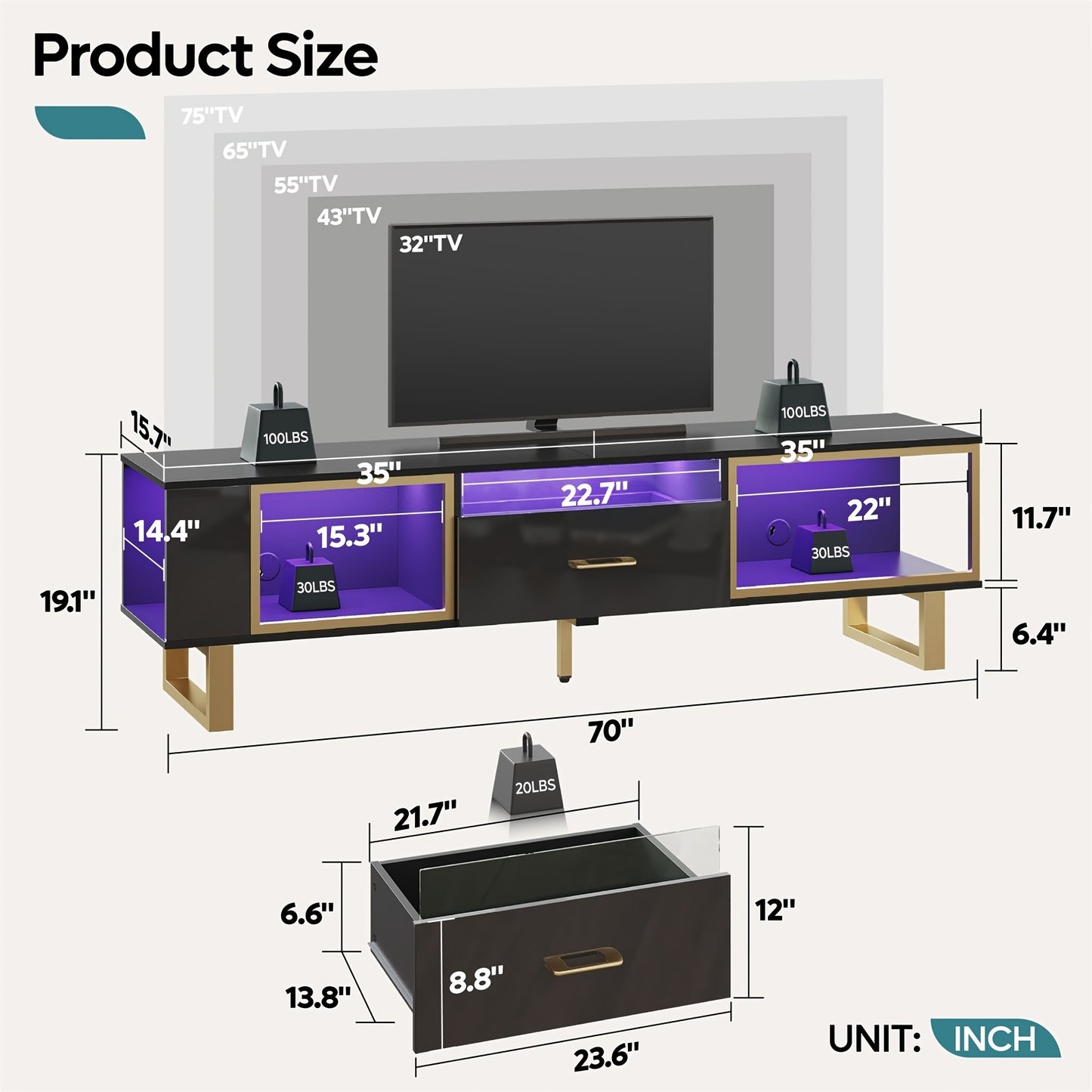 70 Inch TV Stand with LED Lights for Up to 80 Inch TV, High Gloss Entertainment Center with Open Storage And Half-Glass Design Drawer, Modern TV Console Table for Living Room, Sturdy, Easy to Assemble