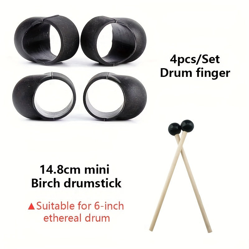 6-Inch Ethereal Drum Accessory Set with 1 Pair Birchwood Drumsticks and 4 Finger Covers, Lotus Steel Tongue Drum Mallets, Soft Rubber Head Drumsticks for Percussion Instruments