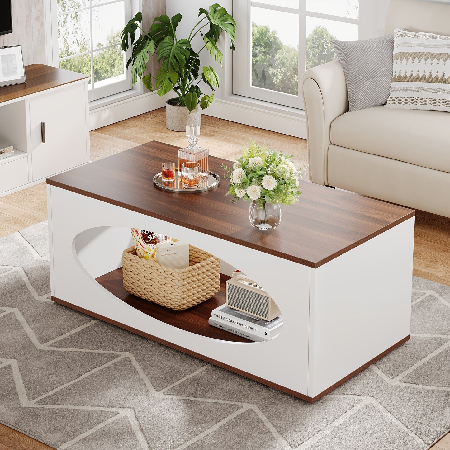 Chic Farmhouse Wooden Coffee Table with Storage - 47.2" Rectangle Centerpiece for Living Room, Home & Office Decor, White and Brown, Desk & Drawer Organizer for Home Storage