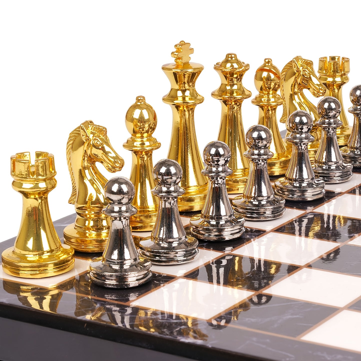 Metal Chess Set For Adults – Marbling Chess Board With Chess Pieces – Travel Chess Sets With Extra Queens With Zinc Alloy Metal Pieces – Ideal For Beginners And Professional Players