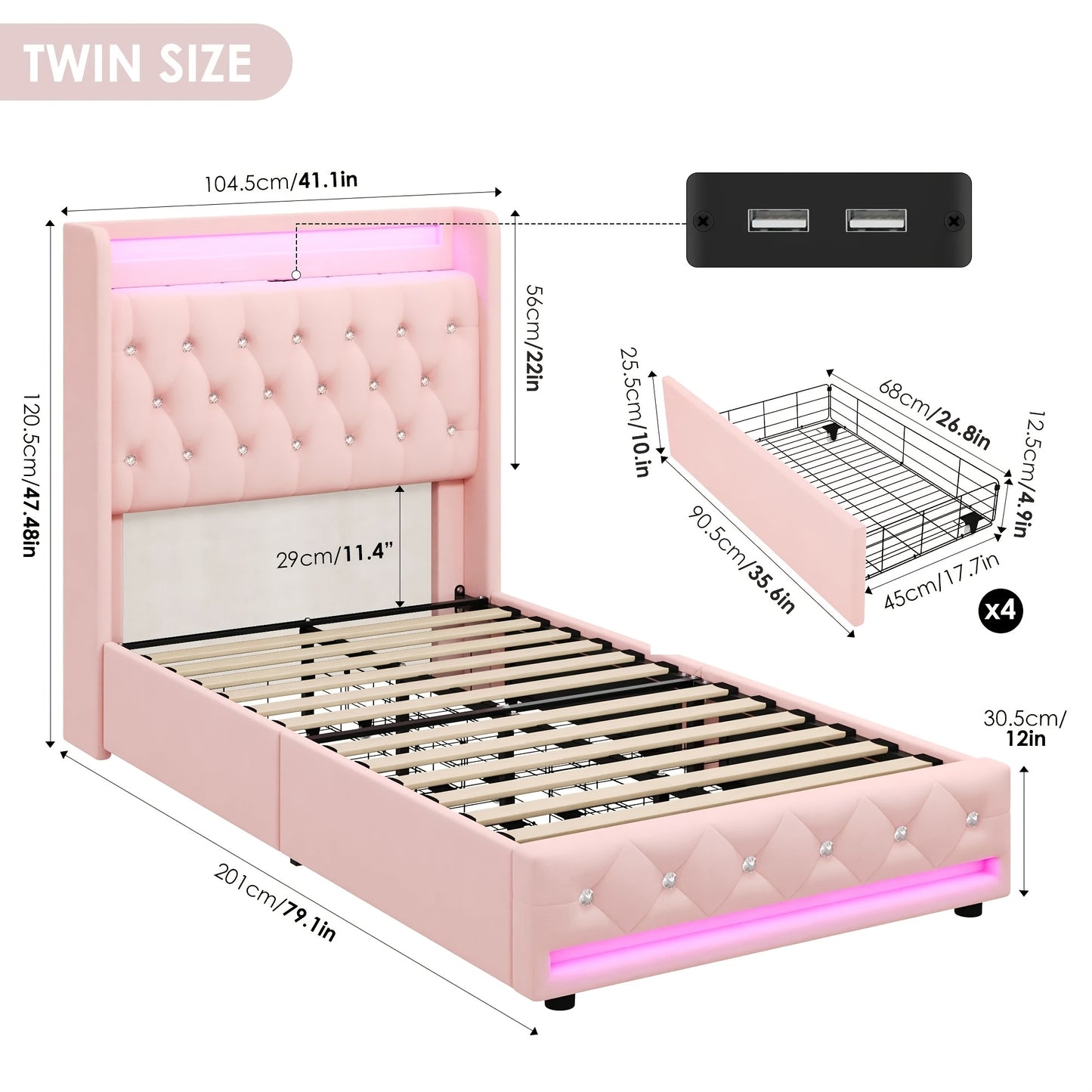 FULTRU Bed Frame with Outlets and USB Ports, Headboard & Footboard with LED, 4 Storage Drawers Modern Wingback Crystal Button Tufted Velvet Upholstered Platform Bed Frame