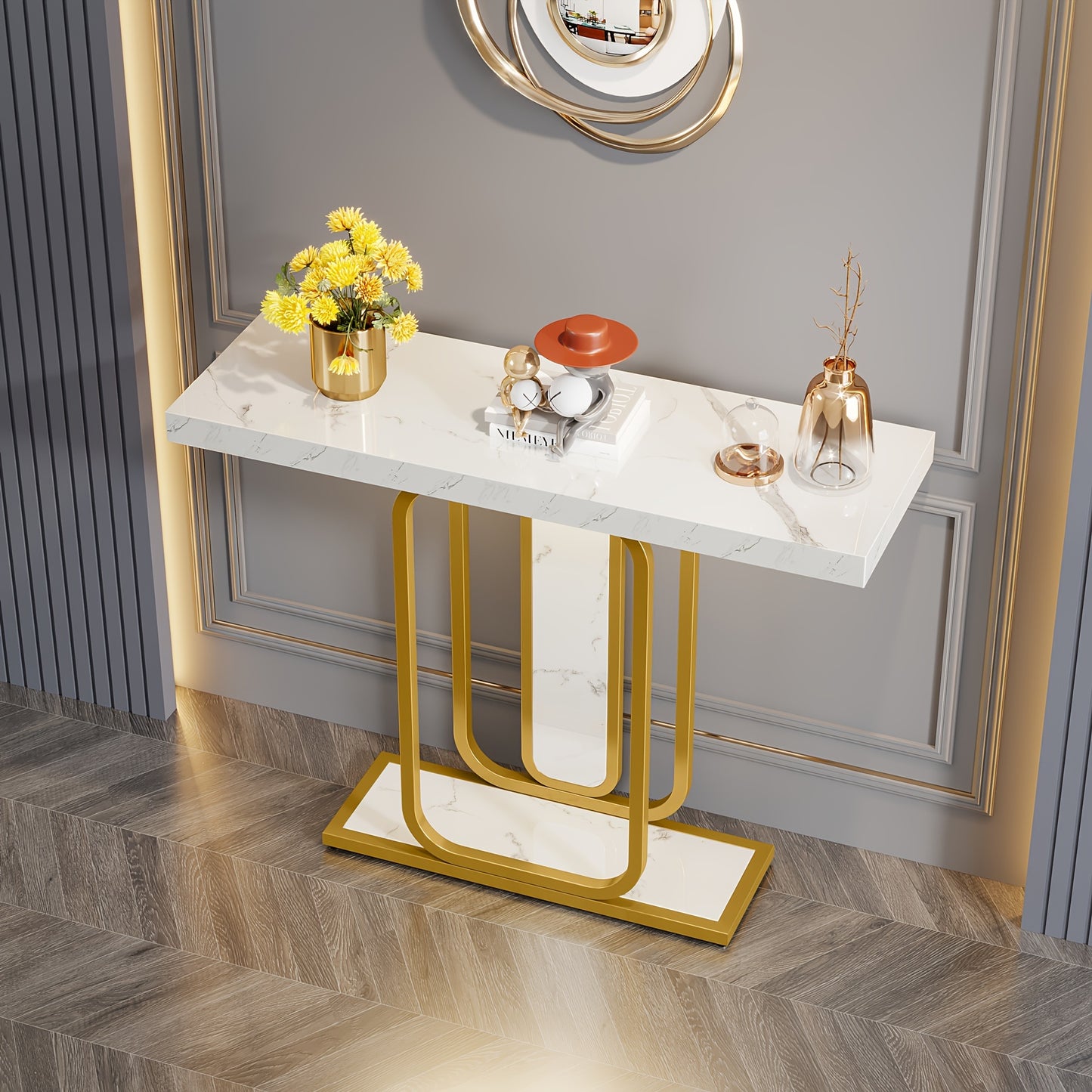 Modern Golden White Console Table - 41.3 Inch Accent Piece With Faux Marble Veneer For Living Room Entryway, Hallway, And Foyer