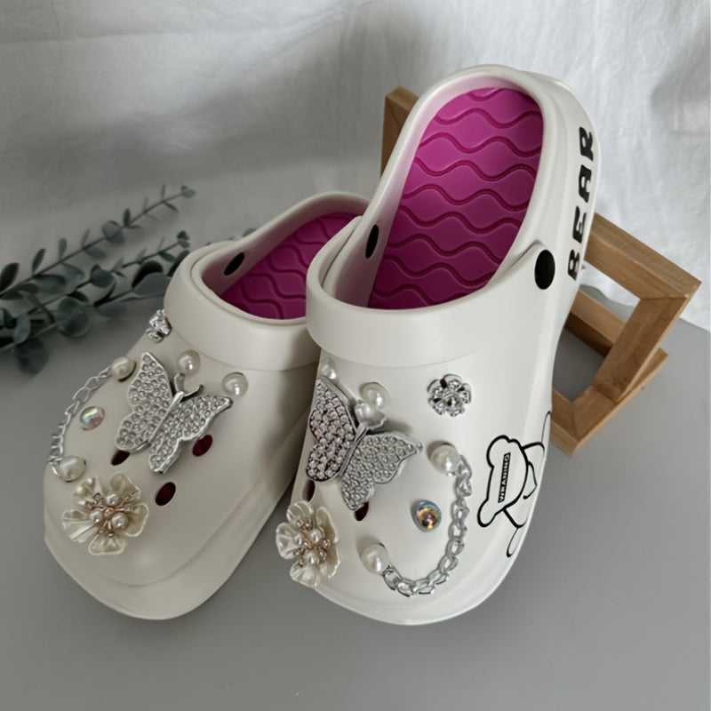 Casual Cartoon Bear Pattern Mules & Clogs for Women, Breathable EVA Platform Heel Clogs with Bow Embellishment, Versatile Indoor/Outdoor Fashion Footwear - Quanzhou Manufactured