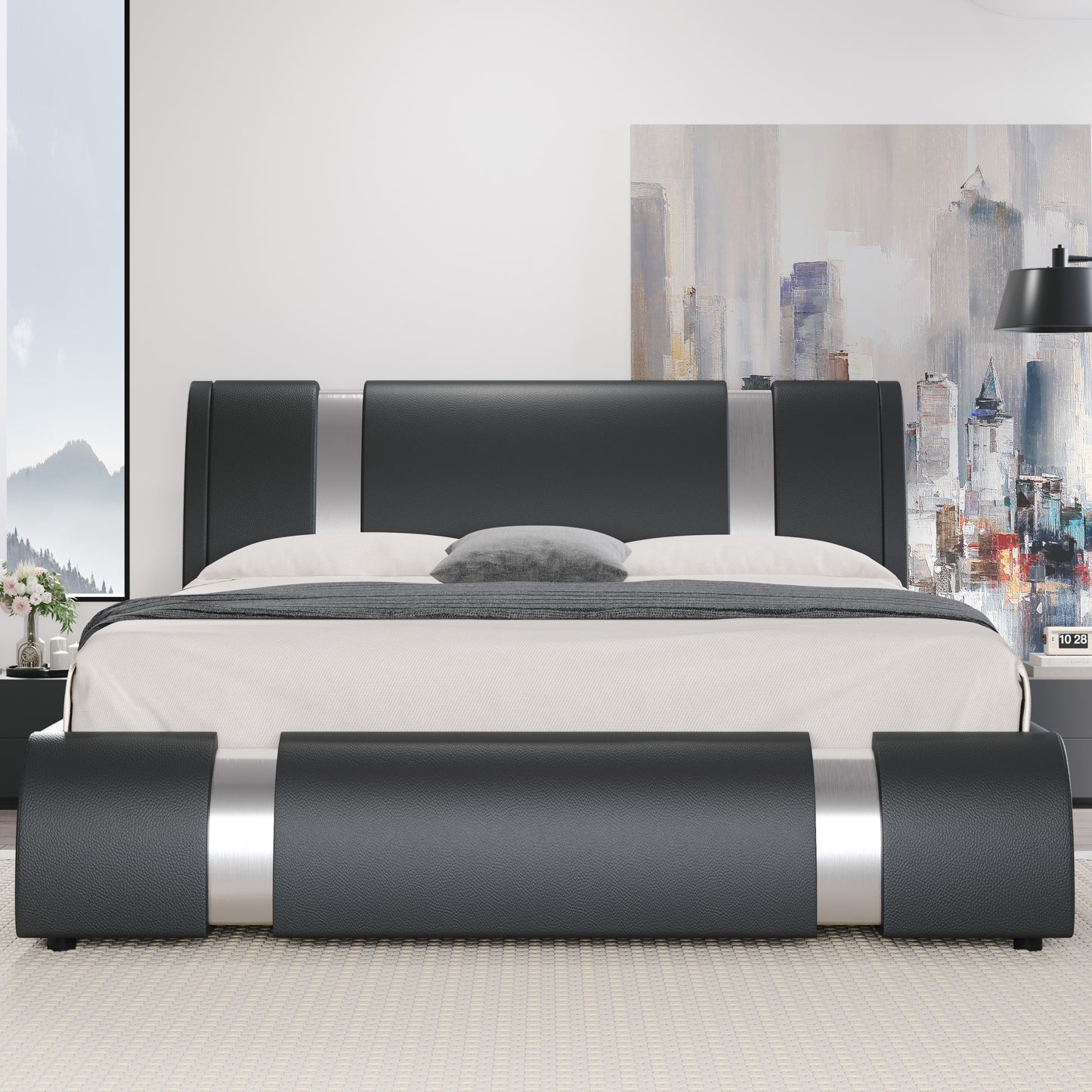 HOOMIC Modern Faux Leather Bed Frame With Iron Pieces Decor, Low Profile Platform Bed With Height-Adjustable Headboard, Solid Wood Slat Support, No Box Spring Needed