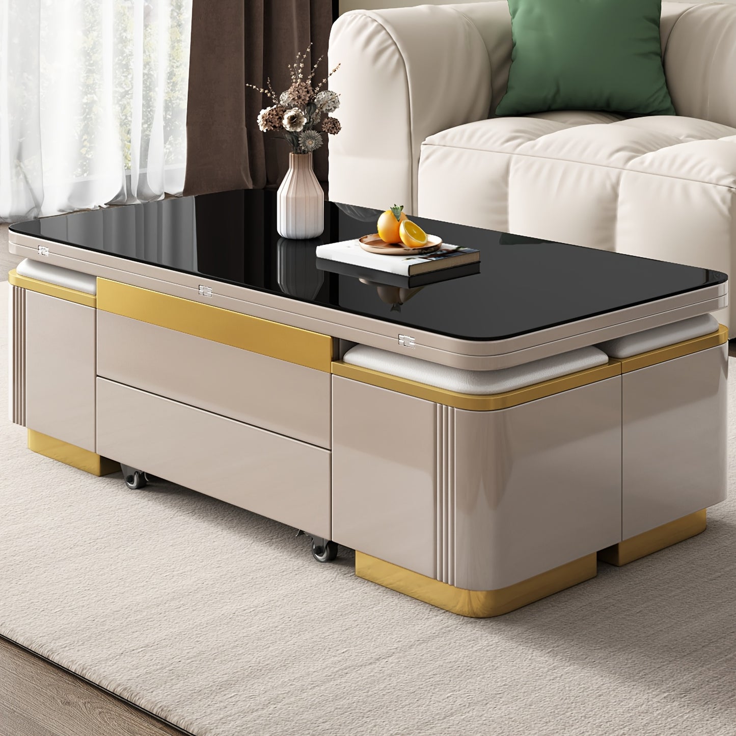 Versatile 3-in-1 Lift Top Coffee Table with Wheels - Extendable & Foldable, Includes 4 Storage Stools, Space-Saving Design for Living Room, Easy Assembly, Available in Gray/Black, Coffee Table for Living Room, Modern, Dining