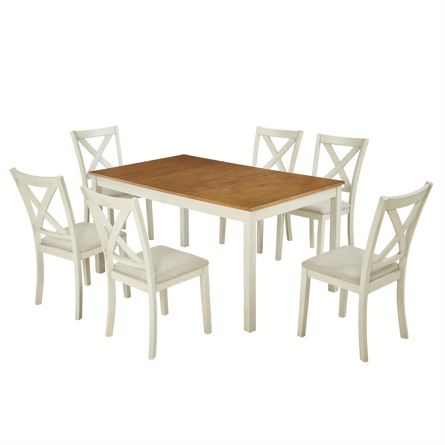 PAPAJET 7pcs Farmhouse Dining Set - 60" Solid Wood Table with 6 Upholstered Chairs, Hardwood Construction, MDF, White Finish, Ideal for Kitchen or Restaurant