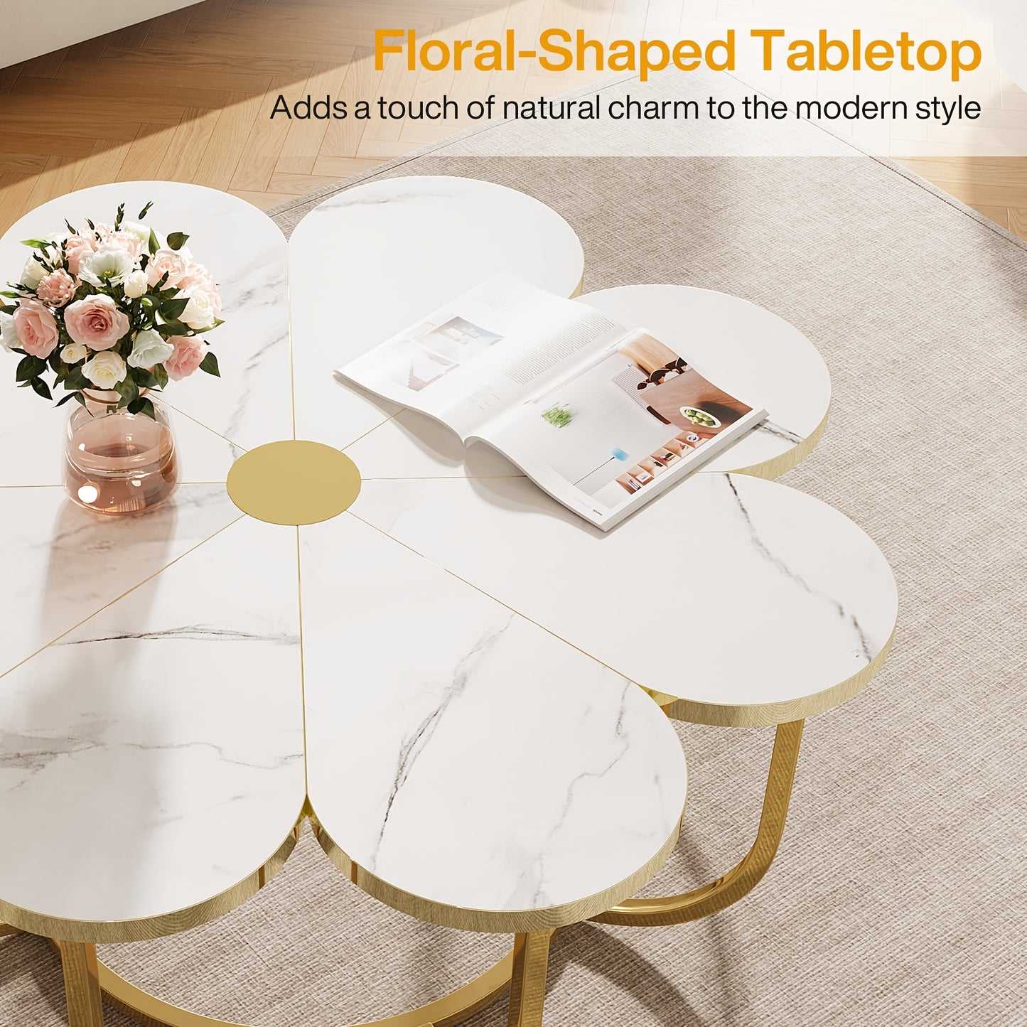 Petal shaped living room central coffee table, modern white Golden decorative table, 39.37 inch floral center table, suitable for living room, bedroom, and lounge, uniquely designed furniture, living room furniture.