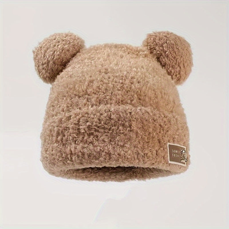 Cozy Plush Bear Beanie for Women - Thick, Warm Winter Hat with Ear Protection, Cute Cartoon Design, Lightweight, Knit Acrylic, Perfect Christmas Gift, Available in Brown and White