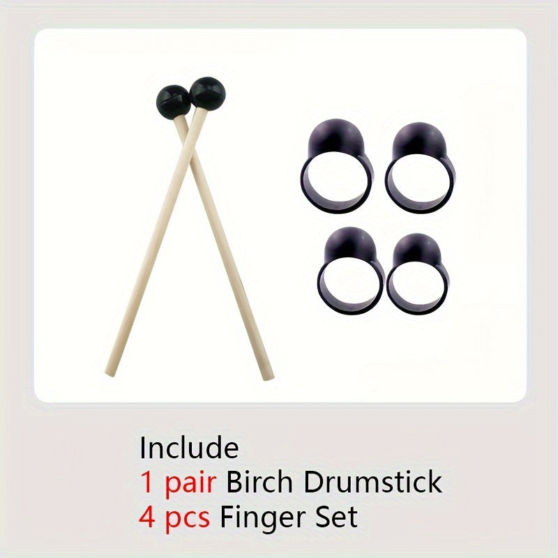 6-Inch Ethereal Drum Accessory Set with 1 Pair Birchwood Drumsticks and 4 Finger Covers, Lotus Steel Tongue Drum Mallets, Soft Rubber Head Drumsticks for Percussion Instruments