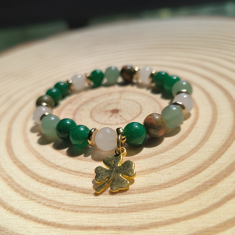 1pc Green Aventurine & Chrysocolla Beaded Bracelet with Four-Leaf Clover Charm, Natural Stone Prosperity Jewelry, Vintage Bohemian Style, St. Patrick'S Day & Thanksgiving Gift, Unisex Elegant Accessory