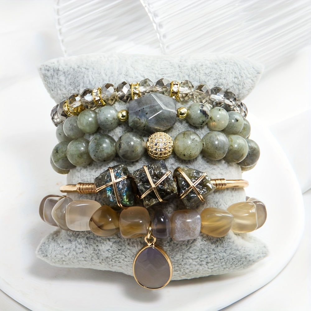 [Popular Choice] Bohemian Layered Women's Jewelry Set - 5pcs Natural Stone and Glass Beaded Elastic Bracelets with Irregular Tiger Eye and December Birthstone, Perfect for Daily Wear or Gifting, Perfect for Thanksgiving