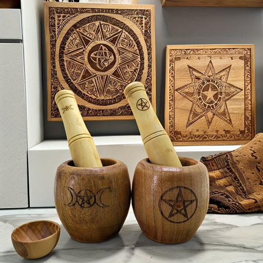 Witchcraft & Divination Wooden Mortar and Pestle Set - Pentagram, Triple Moon Goddess Design for Astrology, Rituals, Halloween, Christmas, Easter, Thanksgiving Decor