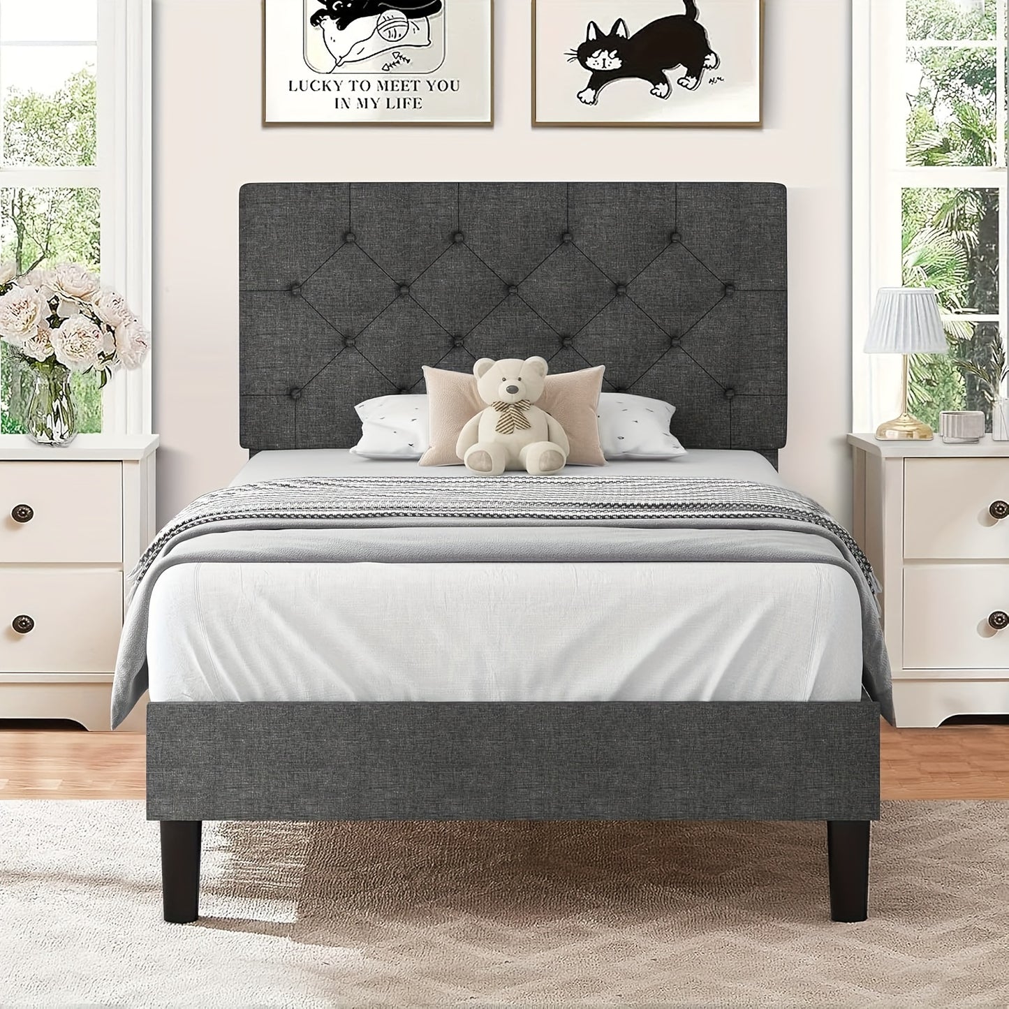 Elegant Grey Linen Upholstered Bed Frame with Tufted Headboard - Solid Wood Platform Bed with Sturdy Slats Support, Easy Assembly, No Box Spring Needed, Perfect for Modern Decor, Bed Accessories, HOMBCK