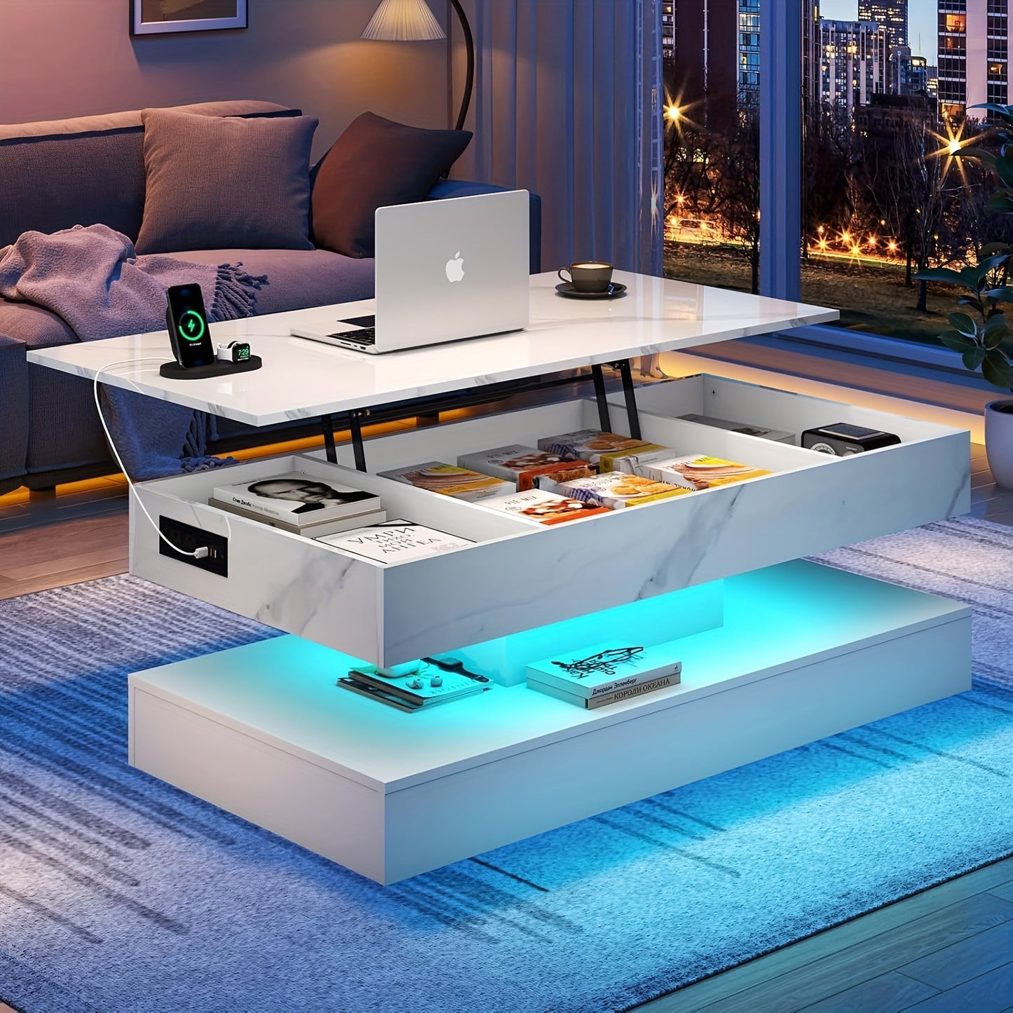 47.2" Large Lift Top Coffee Table With Charging Station, LED Modern High Glossy Center Table With Hidden Compartment Storage, White Lift Living Room Tables With Marbling Print