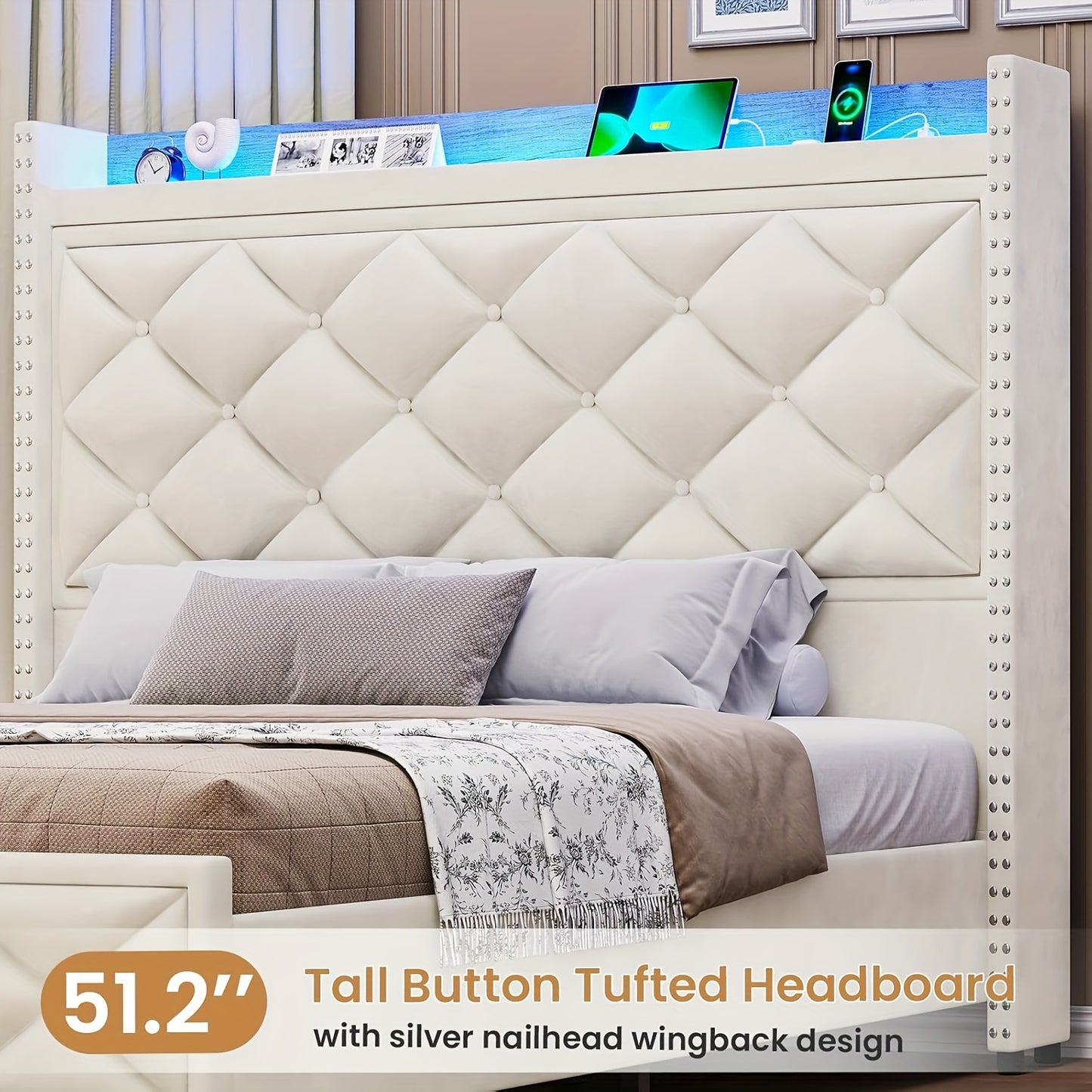 King/Queen Size Bed Fame With Tall Headboard And Charging Station, LED Platform Bed Frame With LED Lights Button Tufted Storage Headboard, No Box Spring Needed, White