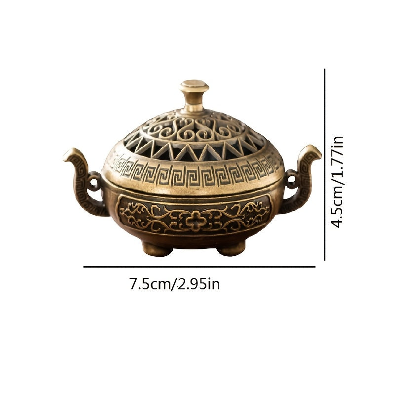 1pc Antique Style Metal Incense Burner, Double Ear Design with Exquisite Carvings, Hollow Pattern, 3-Legged Base, Unscented for Home Decor