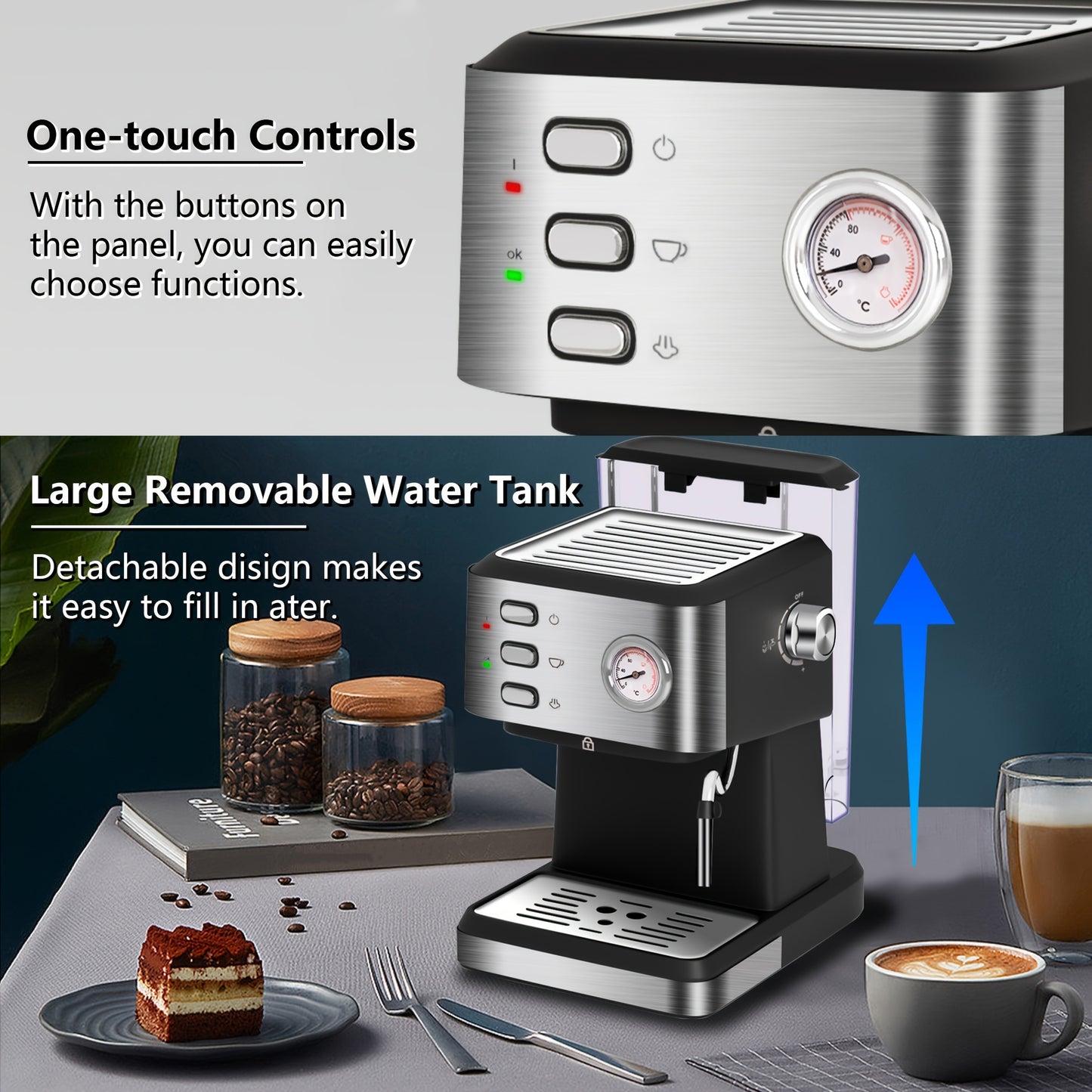 Espresso Machine 20 BAR, Cappuccino & Latte Machine With Built-In Milk Frother, One-Touch Single Or Double Shot, 1.5L Water Tank, Stainless Steel, Intelligent Temperature Control With Build-in Thermometer