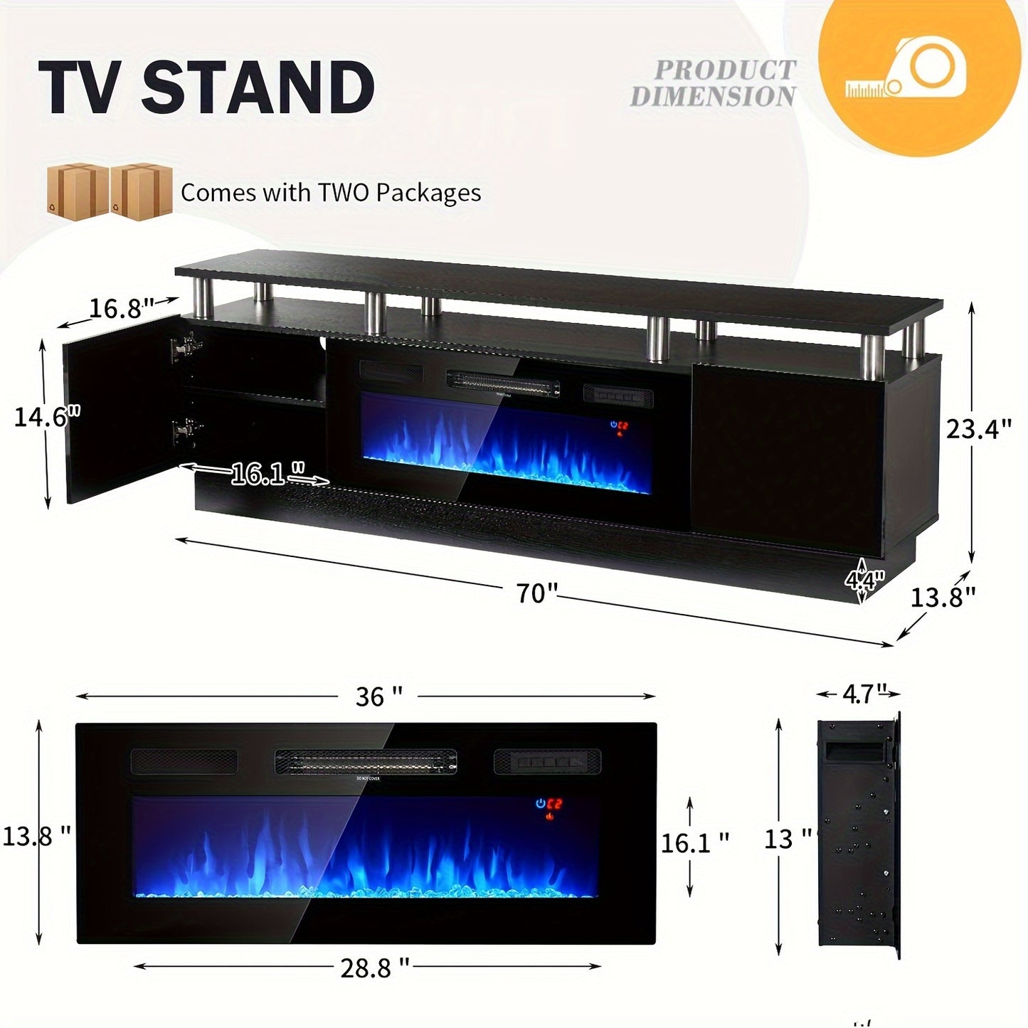 Fireplace TV Stand With 36" Electric Fireplace, 70" 2 Tier TV Console Stand For TVs Up To 80", LED Light Entertainment Center, Fireplace For The Living Room TV Stand, White