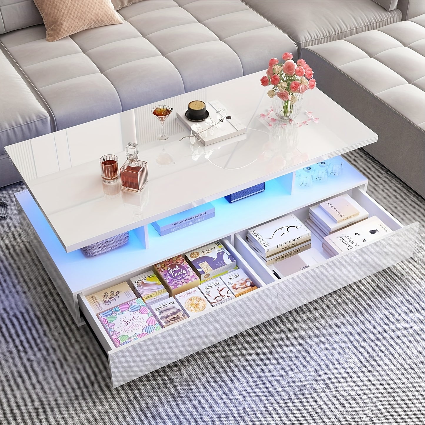 LED Coffee Table w/ 2 Storage Drawers, App Control, High Glossy Modern Black Coffee Table w/60, 000-Color Lights, Rectangle 2-Tier Center Table w/Display Shelf for Living Room