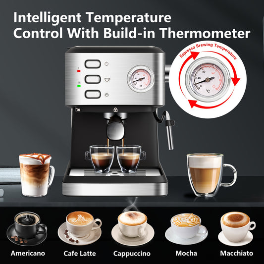 Espresso Machine 20 BAR, Cappuccino & Latte Machine With Built-In Milk Frother, One-Touch Single Or Double Shot, 1.5L Water Tank, Stainless Steel, Intelligent Temperature Control With Build-in Thermometer