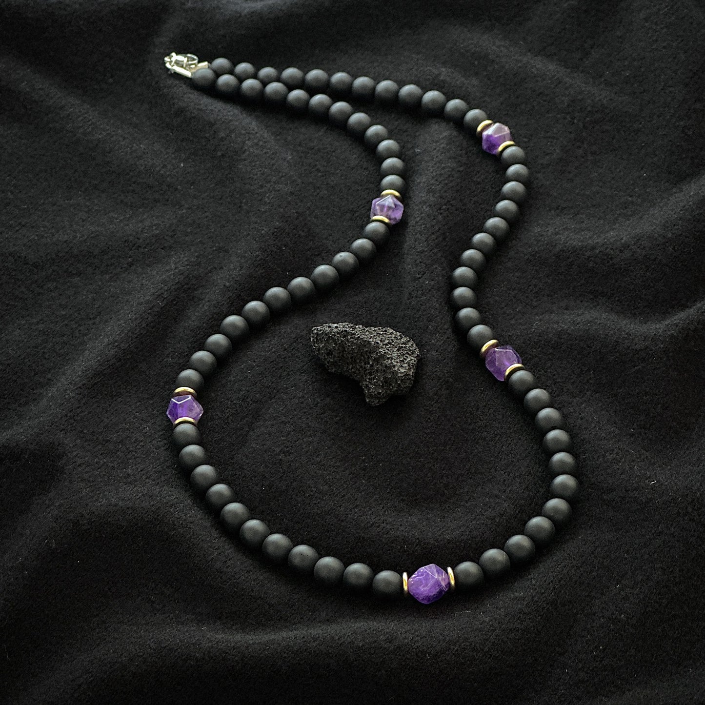 1pc Fashionable Amethyst And Onyx Necklace, Natural Stone String of Beads with Crystal Mosaic, No Pendant, Protection And Balance Men'S Necklace