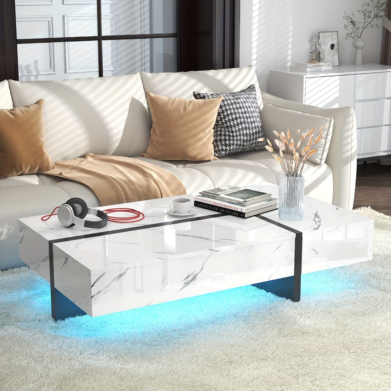 47" Rectangular Coffee Table With LED Light And Storage Drawers, Modern High Gloss Coffee Tables For Living Room