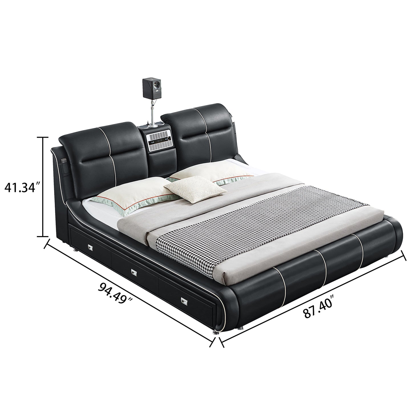 Luxury King Size Smart Bed Frame with 720P Projector, Massage, USB Ports,Music Speaker， Storage Drawers & Adjustable Headboard - Black