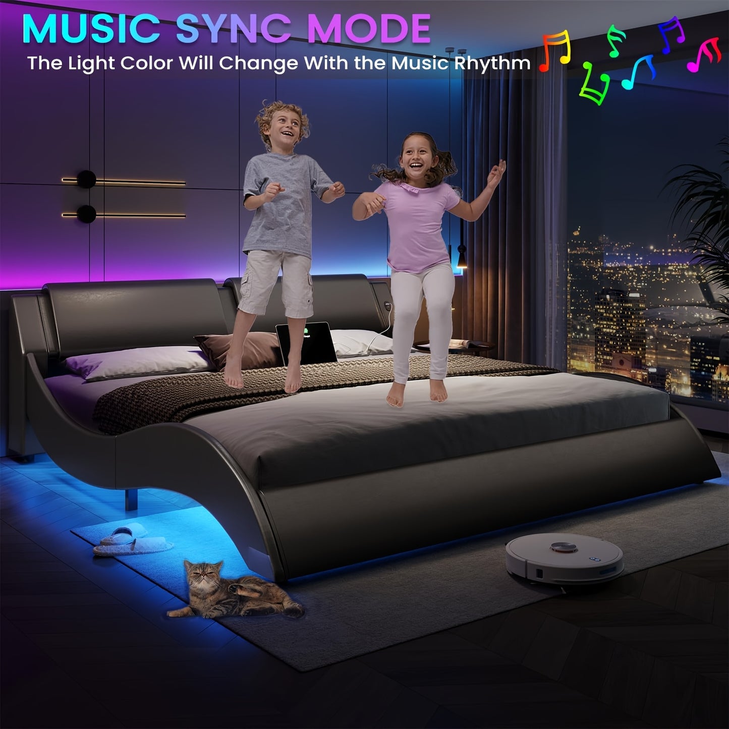 Modern Black Bed Frame with RGB LED Lights, USB & Type-C Ports - Easy Assembly, Faux Leather Wave Design Headboard