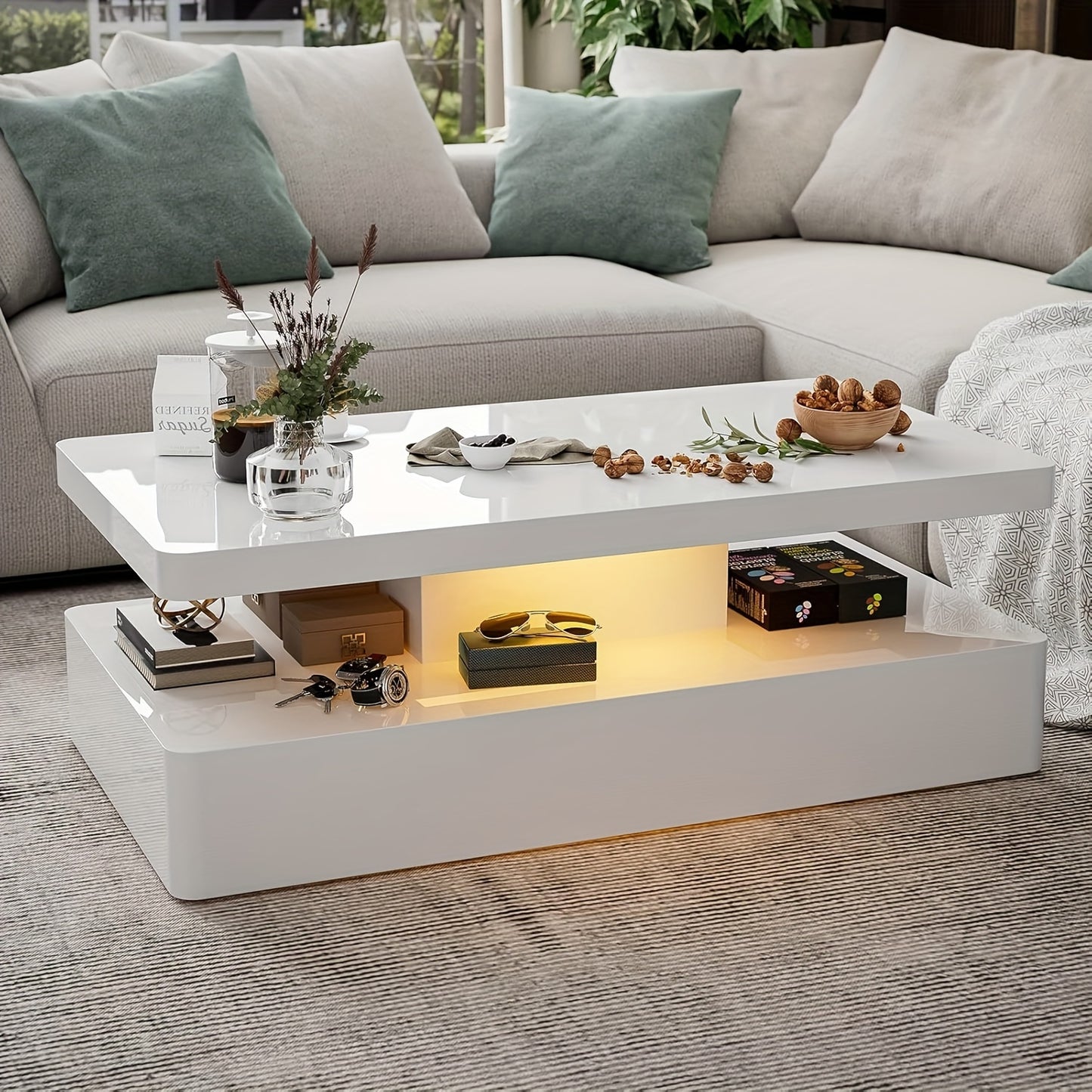 Elegant Modern LED Coffee Table for Living Room - 2-Tier Black & White Design with 16-Color LED Lights, Spacious Storage, Easy Assembly - Hardwood Material, High Gloss, Rectangular Design, Coffee Table, Living Room, 16-color