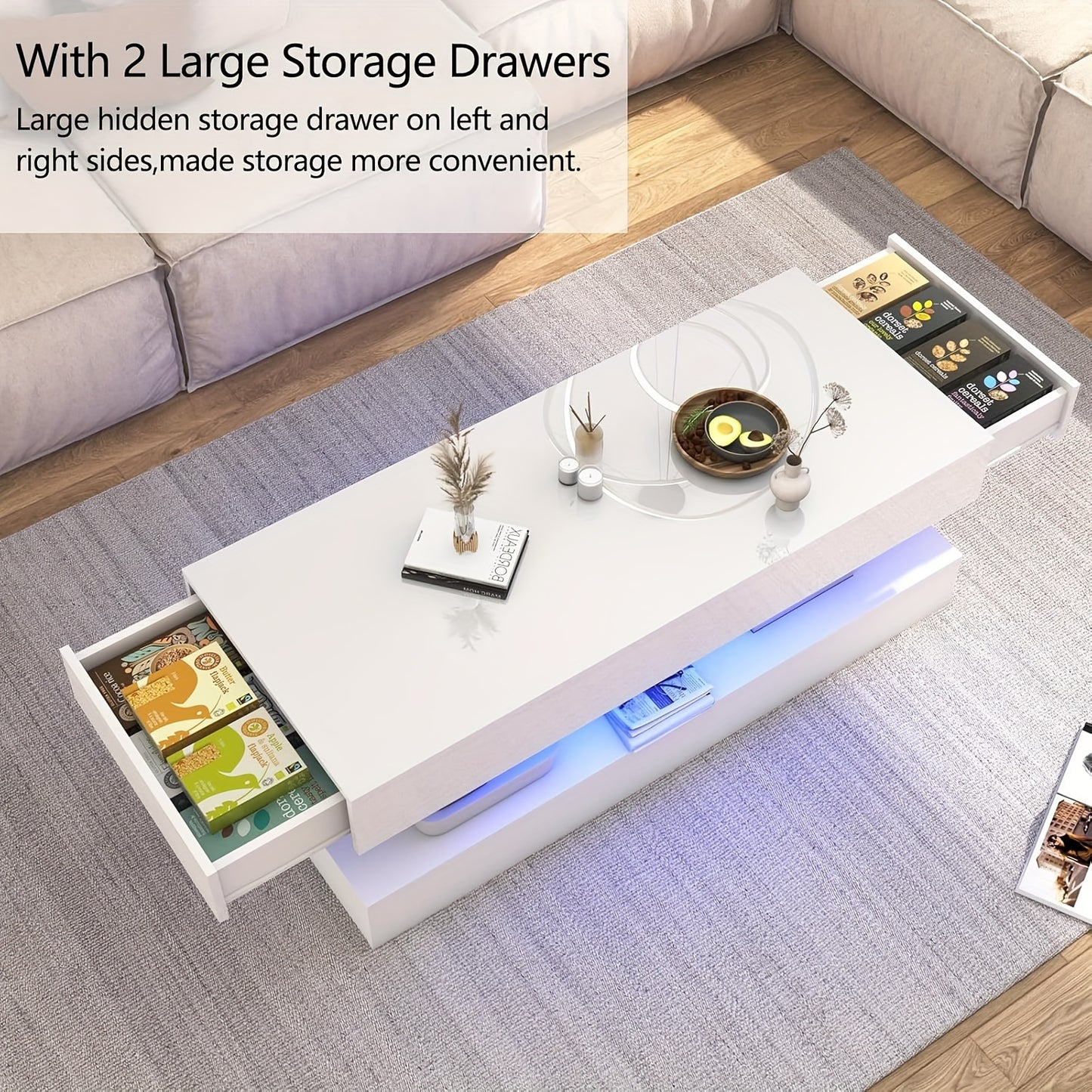 47 Inch Large High-Glossy LED Living Room Storage Tableswith 2 Sliding Drawers, Coffee Table, Living Room Storage Tables, Modern Stylish Double-Layer Center Tables