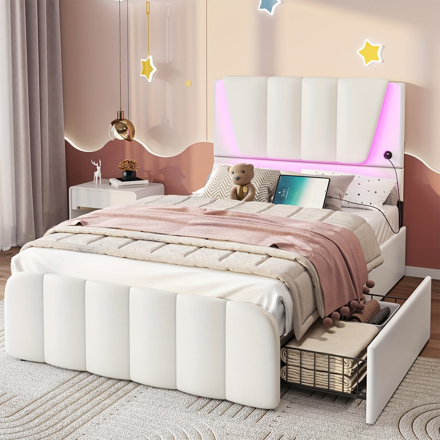 Twin Bed Frames With Storage Drawers And LED Lights, Bed Frame Twin Size With Height Adjustable Headboard, No Box Spring Needed, Cream White/Black