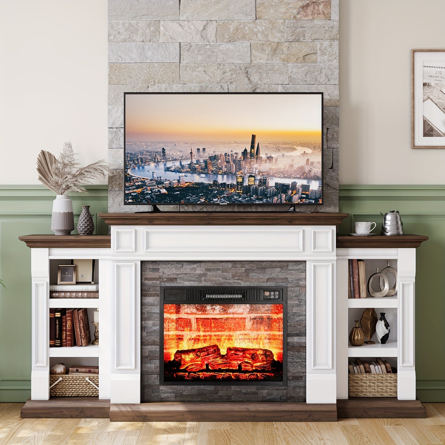 72" Electric Fireplace With Mantel, Fireplace TV Stand For TVs Up To 80 Inch, 1400W, Freestanding, Remote Control, Timer, Realistic Log And Flame Effect, Adjustable Temperature & Brightness For Home Bedroom Living Room Indoor