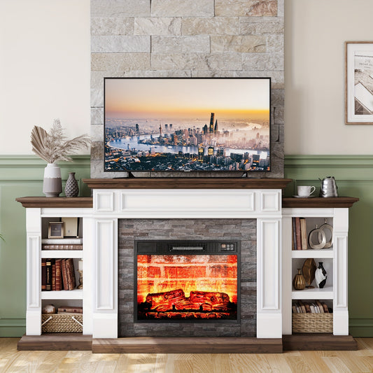 72" Electric Fireplace With Mantel, Fireplace TV Stand For TVs Up To 80 Inch, 1400W, Freestanding, Remote Control, Timer, Realistic Log And Flame Effect, Adjustable Temperature & Brightness For Home Bedroom Living Room Indoor