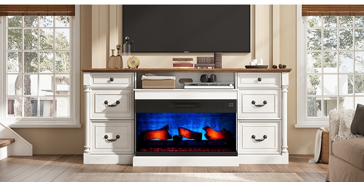 Charming 75" Farmhouse TV Stand with 36" Glass Fireplace - Spacious Entertainment Center with 2 Drawers & Closed Storage, Fits Up to 85" TVs