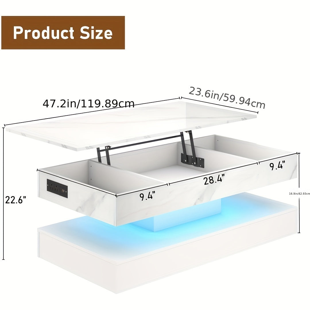 47.2" Large Lift Top Coffee Table With Charging Station, LED Modern High Glossy Center Table With Hidden Compartment Storage, White Lift Living Room Tables With Marbling Print