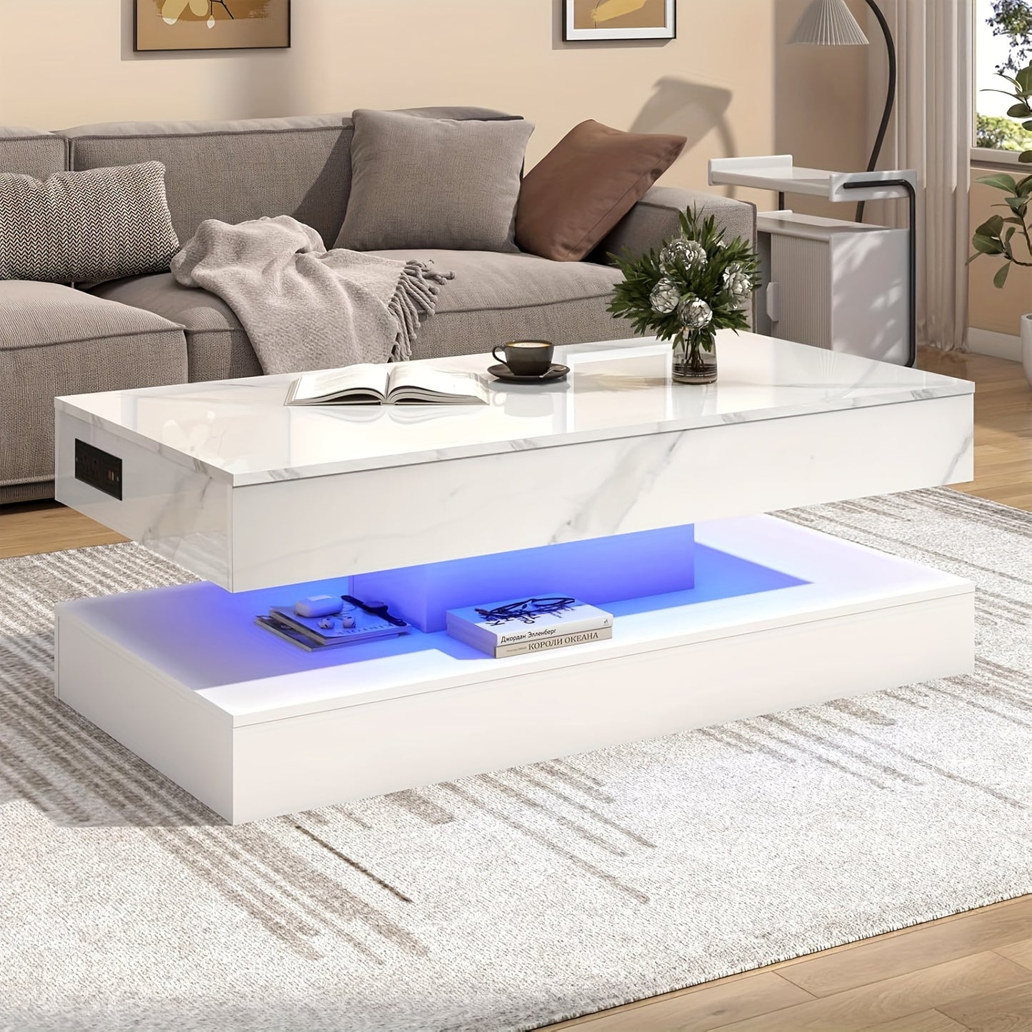 47.2" Large Lift Top Coffee Table With Charging Station, LED Modern High Glossy Center Table With Hidden Compartment Storage, White Lift Living Room Tables With Marbling Print