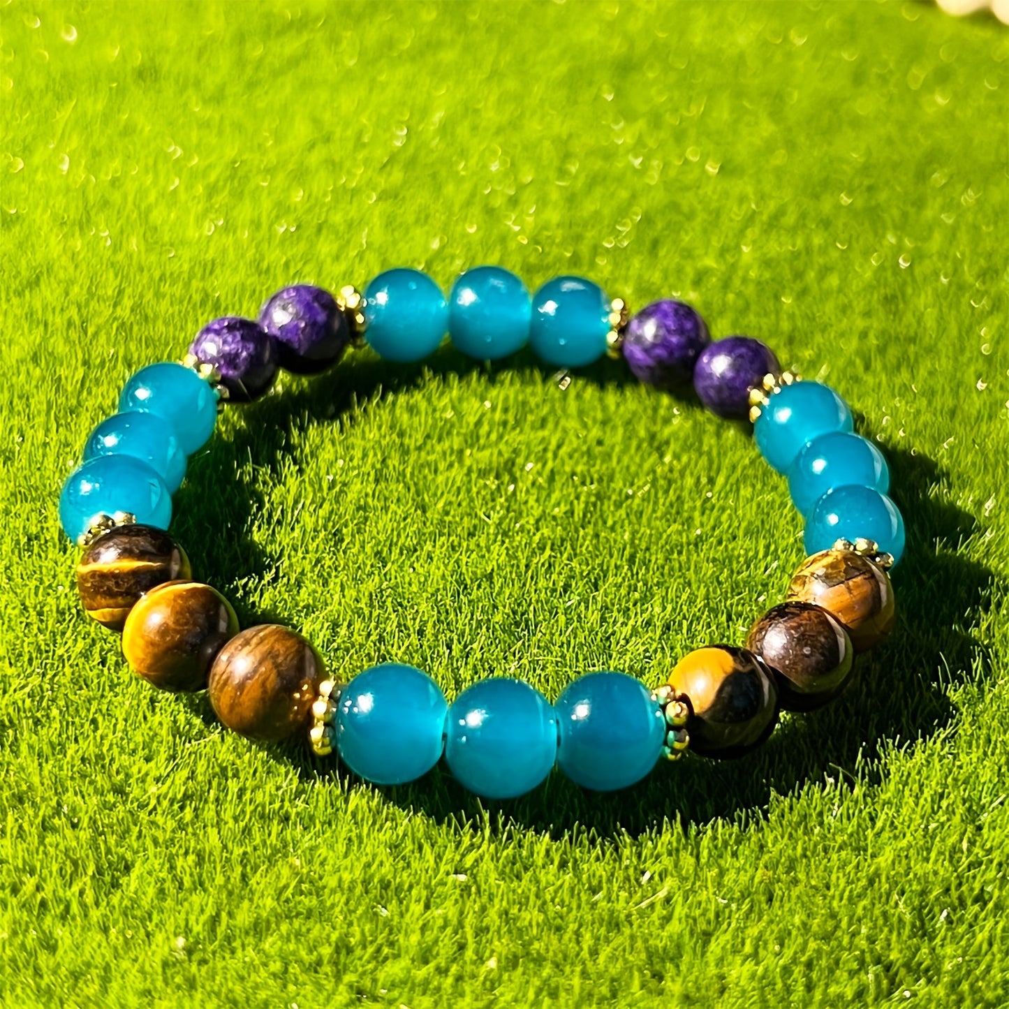 1pc Good Luck Gemstone Bracelet - Fortune Blessings Elastic Beaded Bracelet with Tiger'S Eye, Amethyst, and Turquoise Stones for Women