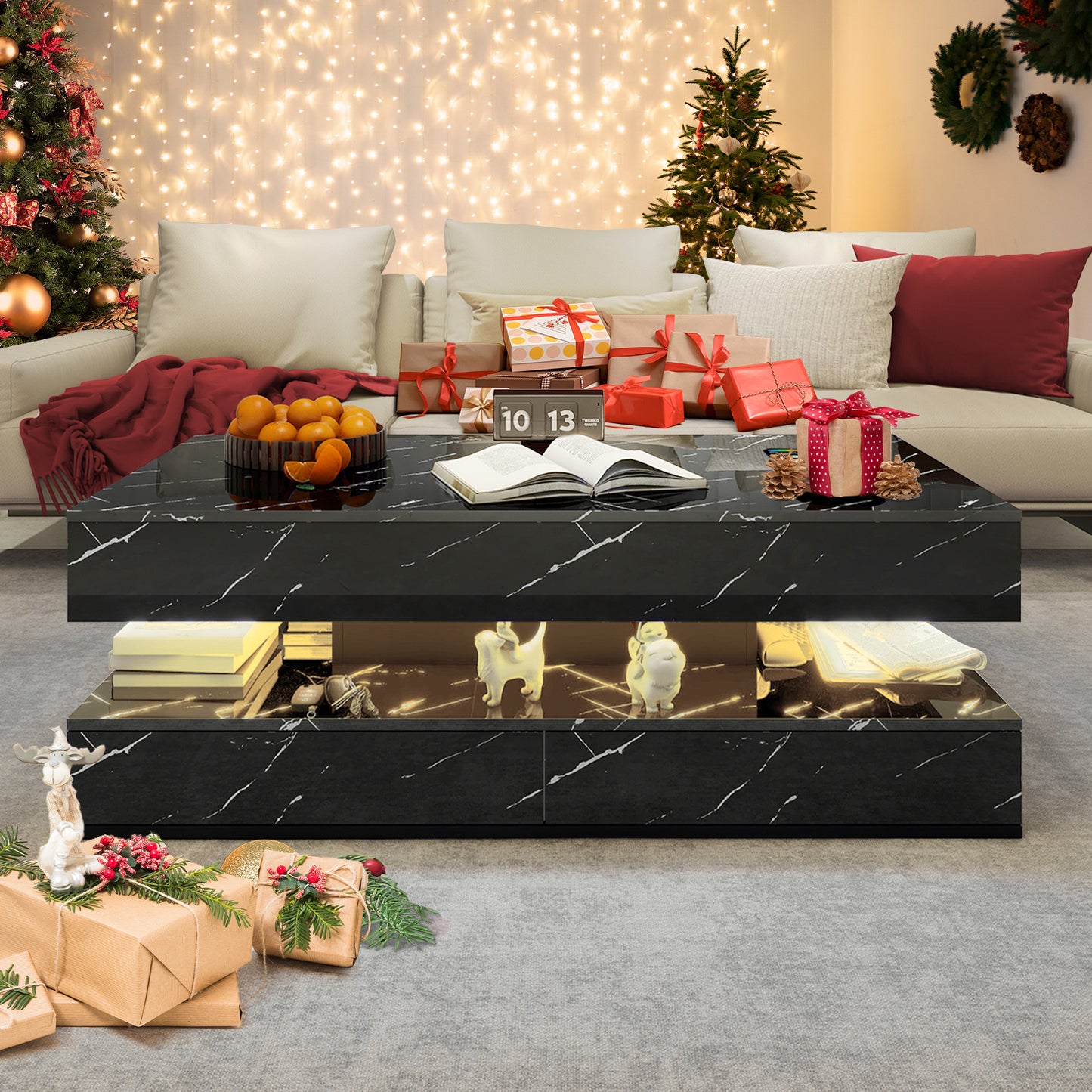 LED Coffee Table with Storage, High Gloss Coffee Table with Wireless Charging and Speaker, High Glossy Modern Center Table with 24 Color LED Lights for Living Room Bedroom