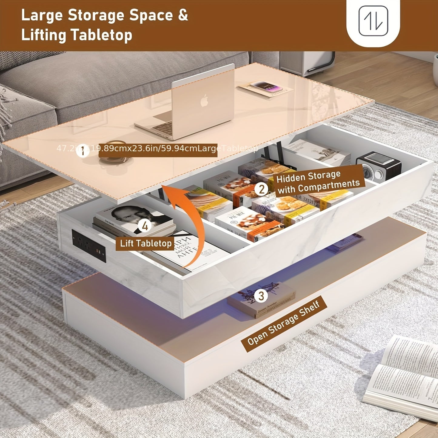 47.2" Large Lift Top Coffee Table With Charging Station, LED Modern High Glossy Center Table With Hidden Compartment Storage, White Lift Living Room Tables With Marbling Print