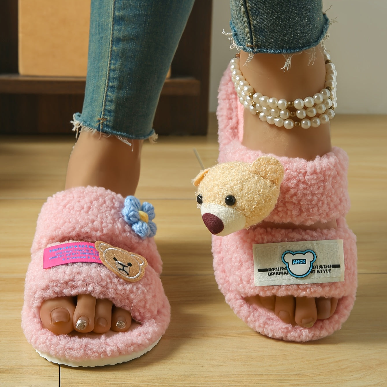 New Autumn And Winter Women'S Fluffy Slippers Designed in Dopamine Colors with Cartoon Bear Patches And Flat Non-Slip Soles.