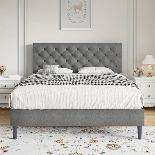 Elegant Grey Linen Upholstered Bed Frame with Tufted Headboard - Solid Wood Platform Bed with Sturdy Slats Support, Easy Assembly, No Box Spring Needed, Perfect for Modern Decor, Bed Accessories, HOMBCK