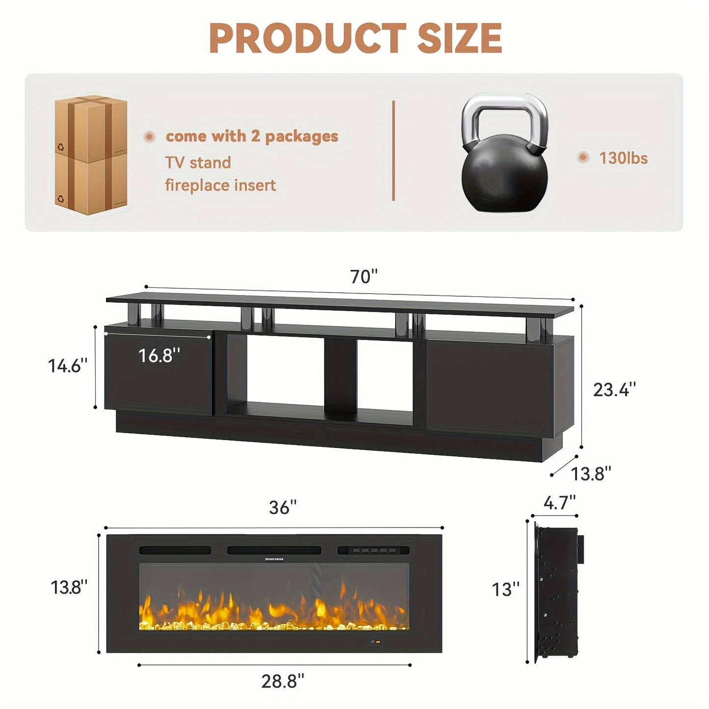 Fireplace TV Stand With 36" Fireplace, Modern High Gloss Fireplace Entertainment Center LED Lights, TV Console Cabinet For TVs Up To 80"