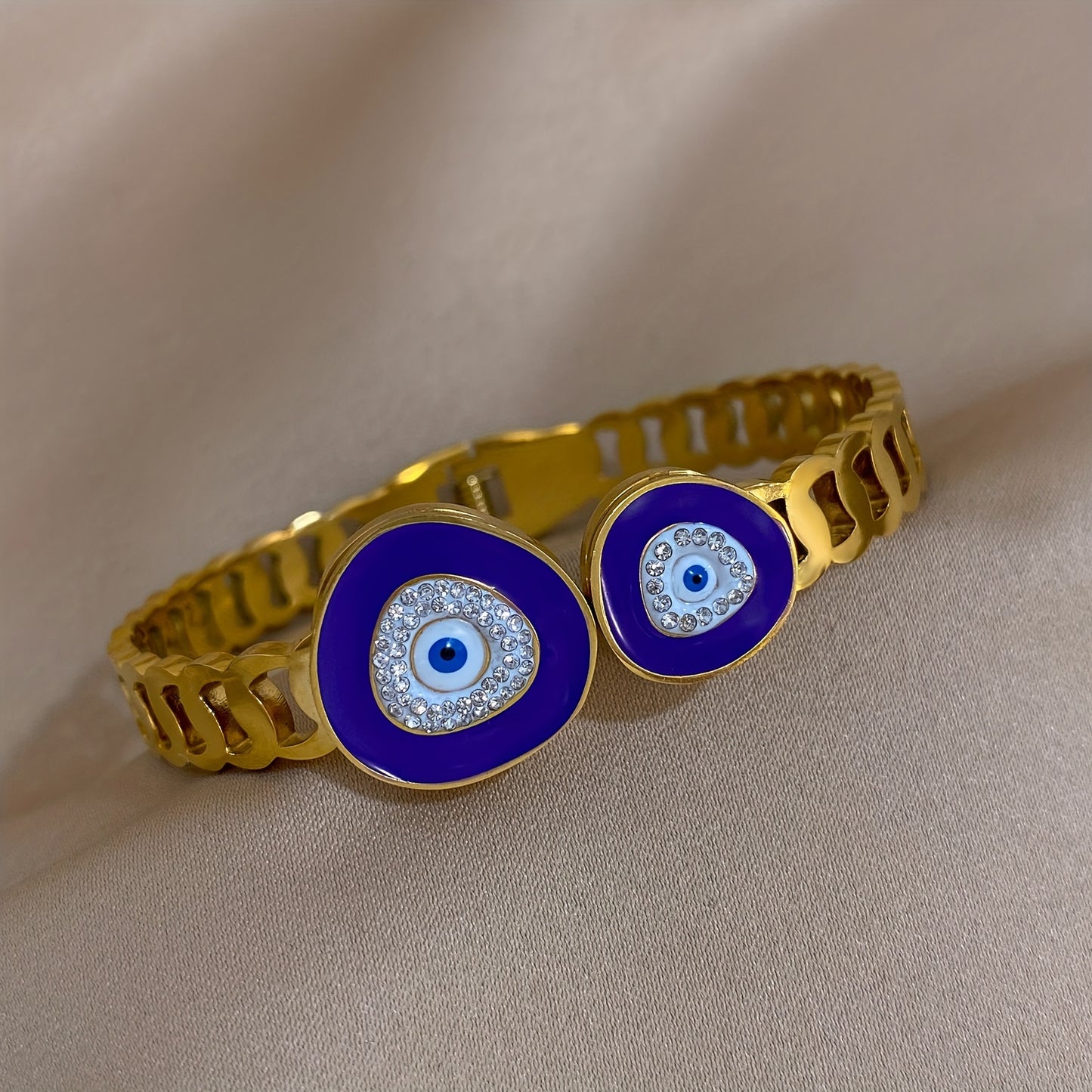 Stainless Steel Gold-Plated Evil Eye Cuff Bracelet - Punk Style Double Blue Eye Design - For Women - Perfect for Weddings, Anniversaries, Birthdays & More - Ideal Gift for Fashion Lovers