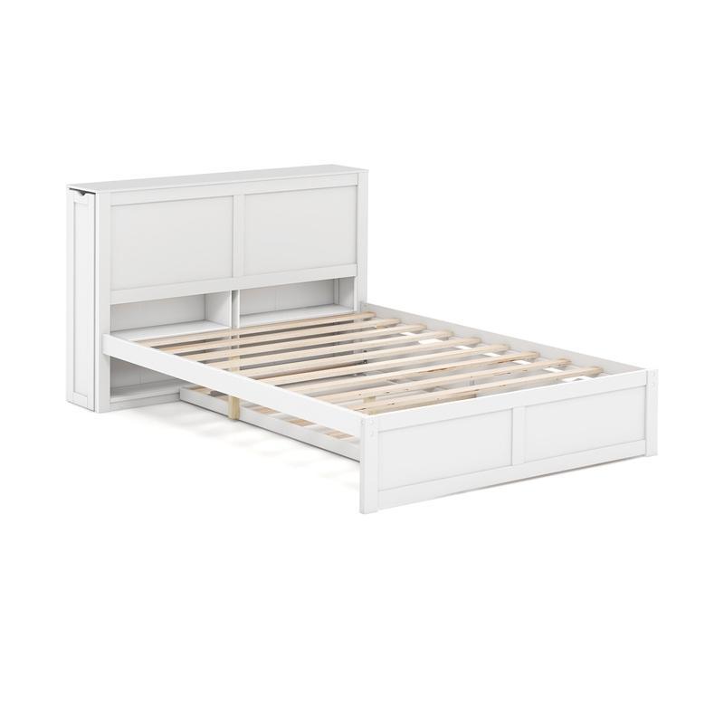 SAFSTAR Twin/Full Platform Bed with Trundle, Wooden Bed Frame with 2 Rolling Bookcases & High Headboard, Storage Platform Bed for Girls Boys, No Box Spring Needed, White